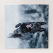 Black German Shepherd in snow Duvet Cover ジグソーパズル (横)