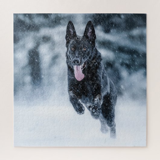 Black German Shepherd in snow Duvet Cover ジグソーパズル (縦)