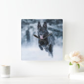 Black German Shepherd in snow Duvet Cover スクエア壁時計 (ホーム)