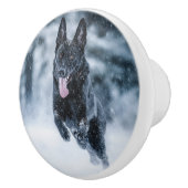 Black German Shepherd in snow Duvet Cover セラミックノブ (右)