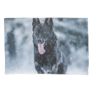 Black German Shepherd in snow Duvet Cover 枕カバー