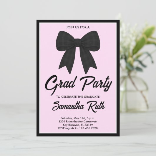 Black Gingham Bow Graduation Party 招待状 (スタンド正面)
