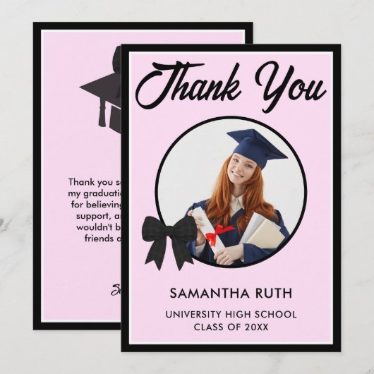 Black Gingham Bow Photo Graduation サンキューカード (正面/裏面)