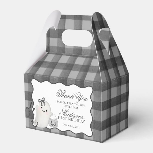 Black Gingham Cute Boo Ghost Birthday Favors Gable フェイバーボックス (正面サイド)