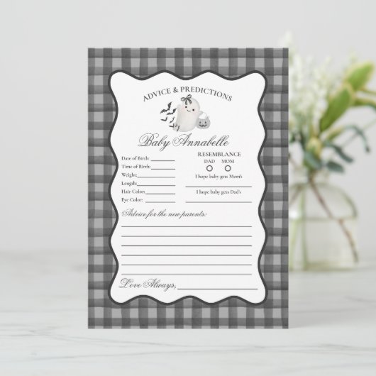 Black Gingham Cute Ghost Advice for Baby Card 招待状 (スタンド正面)