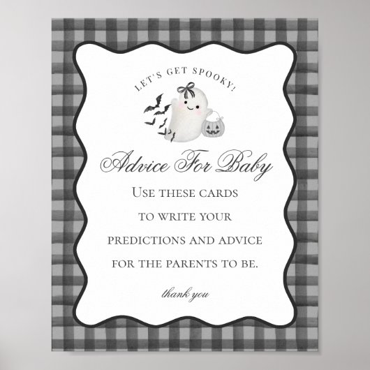 Black Gingham Cute Ghost Advice for Baby Sign ポスター (正面)