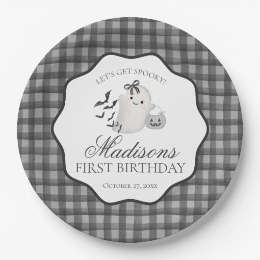 Black Gingham Cute Little Boo Ghost Birthday Party ペーパープレート (正面)