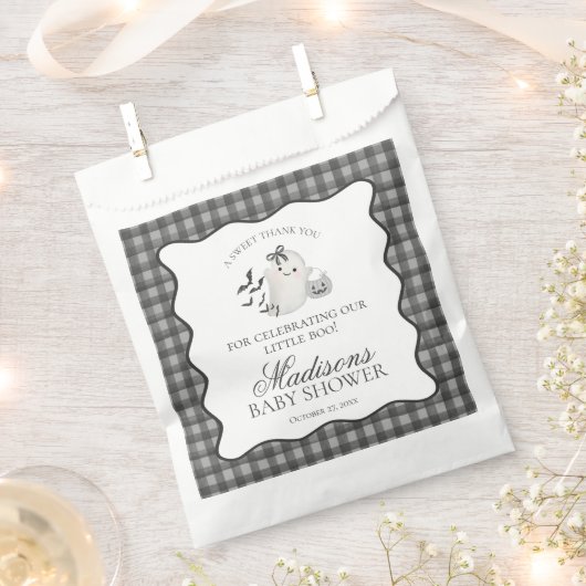 Black Gingham Little Boo Ghost Baby Shower Dessert フェイバーバッグ (クリップ留めされた状態)