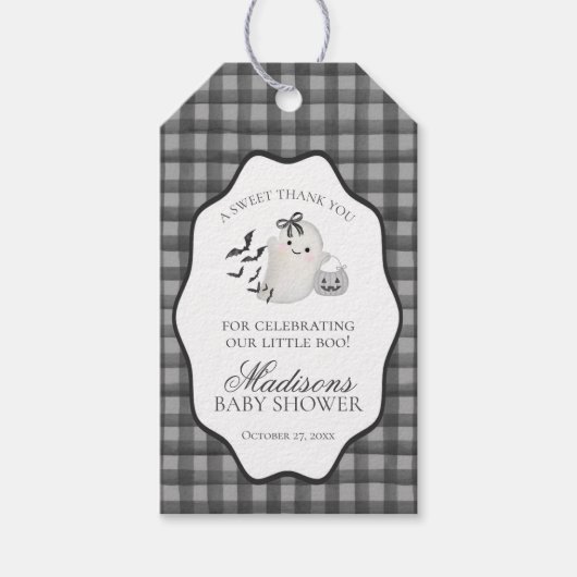 Black Gingham Little Boo Ghost Baby Shower Favors ギフトタグ (正面)