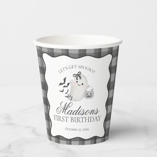 Black Gingham Little Boo Ghost Birthday Coffee 紙コップ (正面)