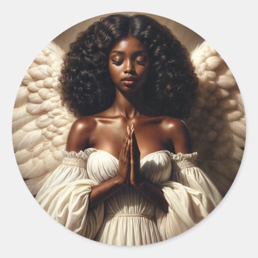 Black Girl Angel Praying Magnet ラウンドシール (正面)