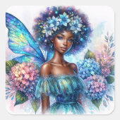 Black Girl Fairy with Afro and Blue Hydrangeas スクエアシール (正面)