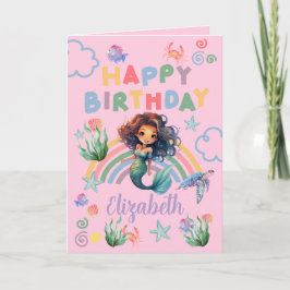 Black Girl Mermaid Birthday Card in Pink カード