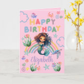 Black Girl Mermaid Birthday Card in Pink カード (黄色い花)