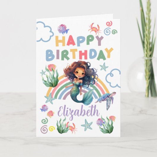 Black Girl Mermaid Birthday Card in White カード (正面)