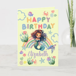 Black Girl Mermaid Birthday Card in Yellow カード
