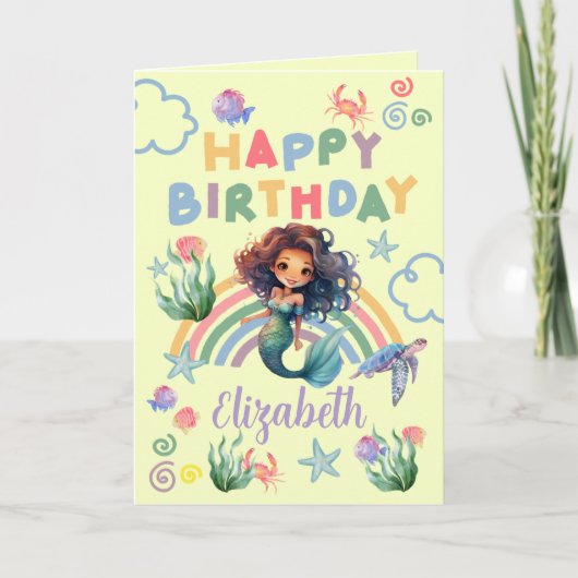 Black Girl Mermaid Birthday Card in Yellow カード (正面)