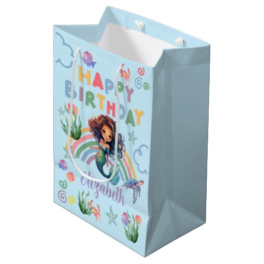 Black Girl Mermaid Birthday Gift Bag in Blue ミディアムペーパーバッグ (正面アングル)