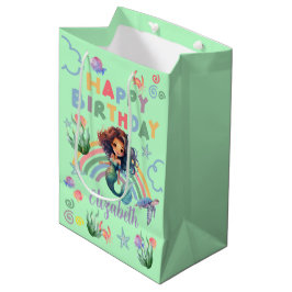 Black Girl Mermaid Birthday Gift Bag in Green ミディアムペーパーバッグ