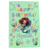 Black Girl Mermaid Birthday Gift Bag in Green ミディアムペーパーバッグ (正面)