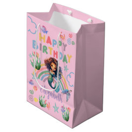 Black Girl Mermaid Birthday Gift Bag in Pink ミディアムペーパーバッグ