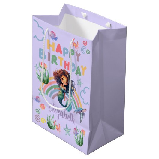 Black Girl Mermaid Birthday Gift Bag in Purple ミディアムペーパーバッグ (正面アングル)