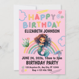 Black Girl Mermaid Birthday Invitation in Pink 招待状
