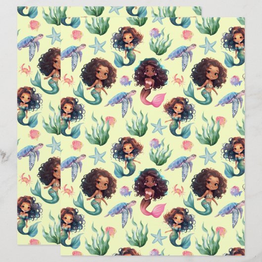 Black Girl Mermaid Scrapbook Paper in Yellow (正面/裏面)