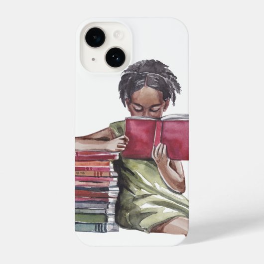 Black Girl Reading Books Illustration iPhoneケース (裏面)