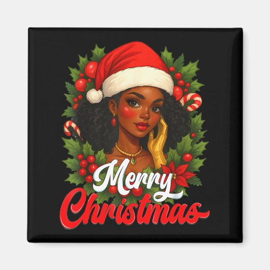 Black Girl Santa Hat Merry Christmas Pajama Africa マグネット (正面)