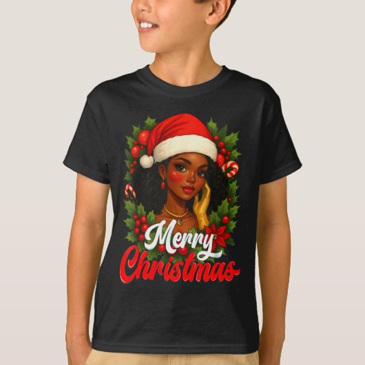 Black Girl Santa Hat Merry Christmas Pajama Africa Tシャツ (正面)