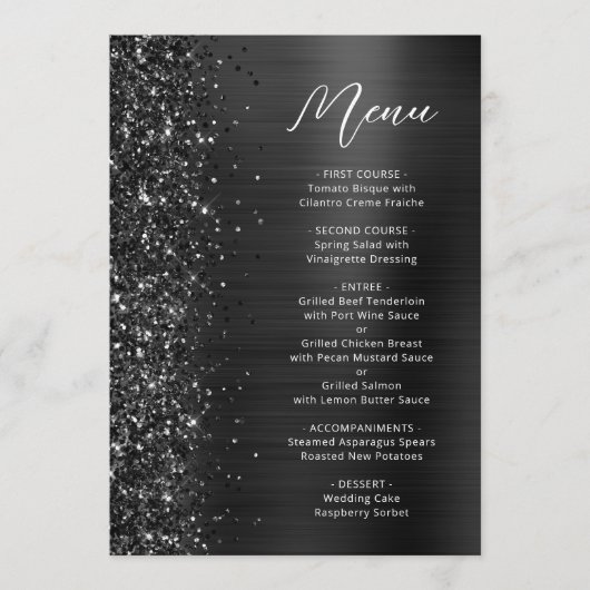Black Glam Glitter Script Wedding メニュー (正面)