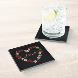Black glass coasters with a pink and red heart ガラスコースター