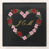 Black glass coasters with a pink and red heart ガラスコースター (正面)
