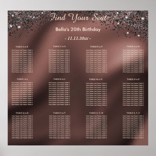 Black Glitter Birthday Alphabetic Seating Plan ポスター (正面)