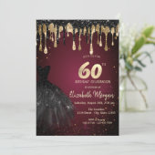 Black Glitter Drips Black Dress Dark Red 60th 招待状 (スタンド正面)