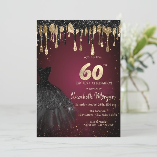 Black Glitter Drips Black Dress Dark Red 60th  招待状 (スタンド正面)