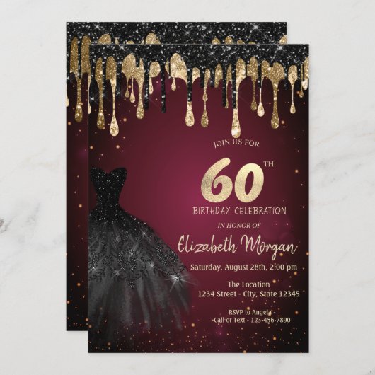 Black Glitter Drips Black Dress Dark Red 60th  招待状 (正面/裏面)