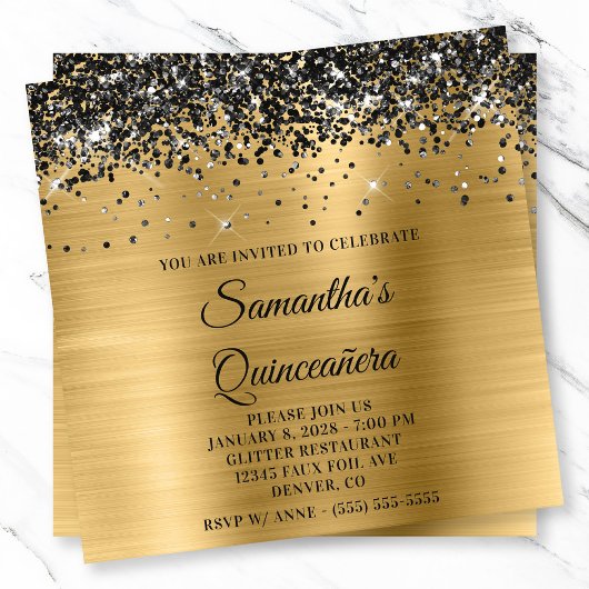 Black Glitter Gold Metallic Look Quinceanera 招待状
