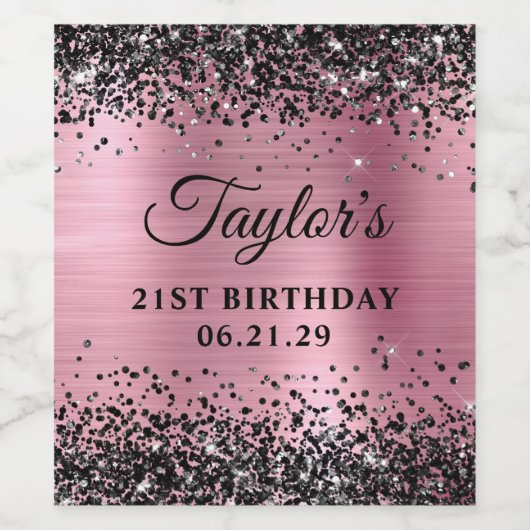 Black Glitter Pink Foil 21st Birthday ワインラベル (シングルラベル)