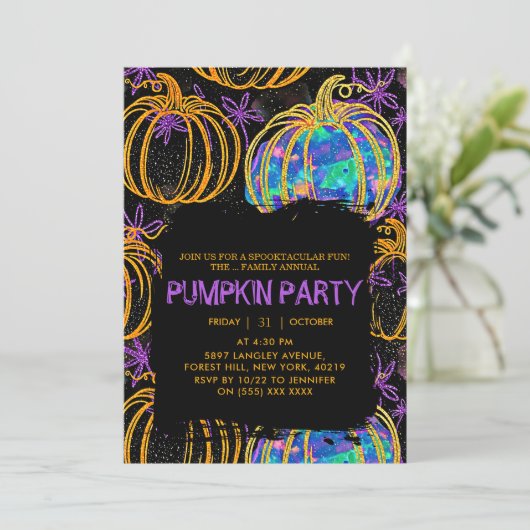 Black | Glitter Pumpkin Halloween 招待状 (スタンド正面)