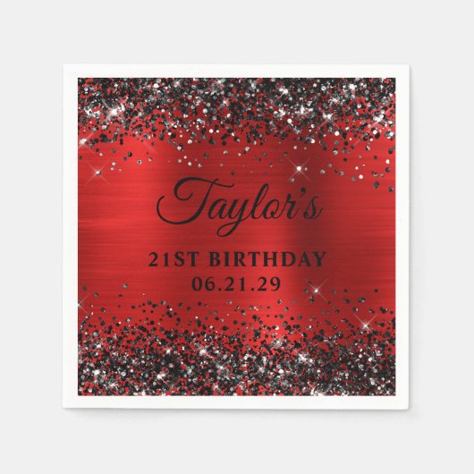 Black Glitter Red Foil 21st Birthday スタンダードカクテルナプキン (正面)