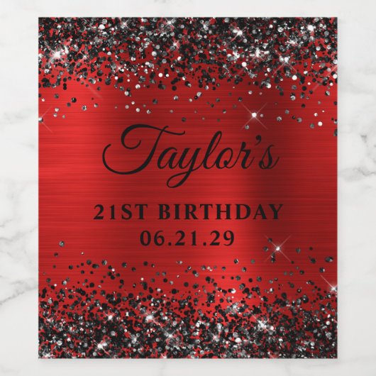 Black Glitter Red Foil 21st Birthday ワインラベル (シングルラベル)