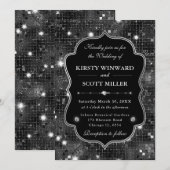 Black Glitter Shimmer Retro Luxe Frame Wedding 招待状 (正面/裏面)