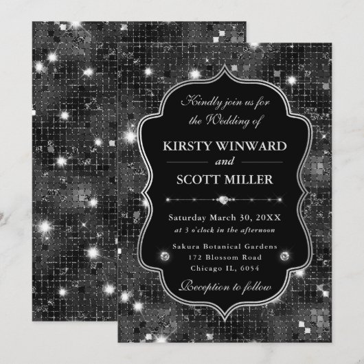 Black Glitter Shimmer Retro Luxe Frame Wedding 招待状 (正面/裏面)