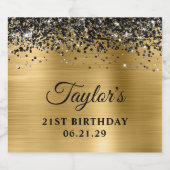 Black Glitter Top Border Gold Foil 21st Birthday スパークリングワインラベル (シングルラベル)
