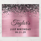 Black Glitter Top Border Pink Foil 21st Birthday スパークリングワインラベル (シングルラベル)