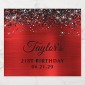 Black Glitter Top Border Red Foil 21st Birthday スパークリングワインラベル (シングルラベル)
