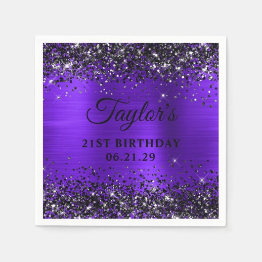 Black Glitter Violet Foil 21st Birthday スタンダードカクテルナプキン (正面)