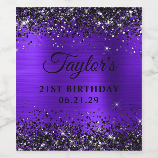 Black Glitter Violet Foil 21st Birthday ワインラベル (シングルラベル)